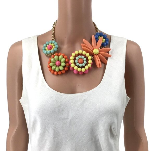 Statement Necklace Large Chunky Flowers Vibrant Color Peach Blue Green Yellow Pi - Picture 2 of 2